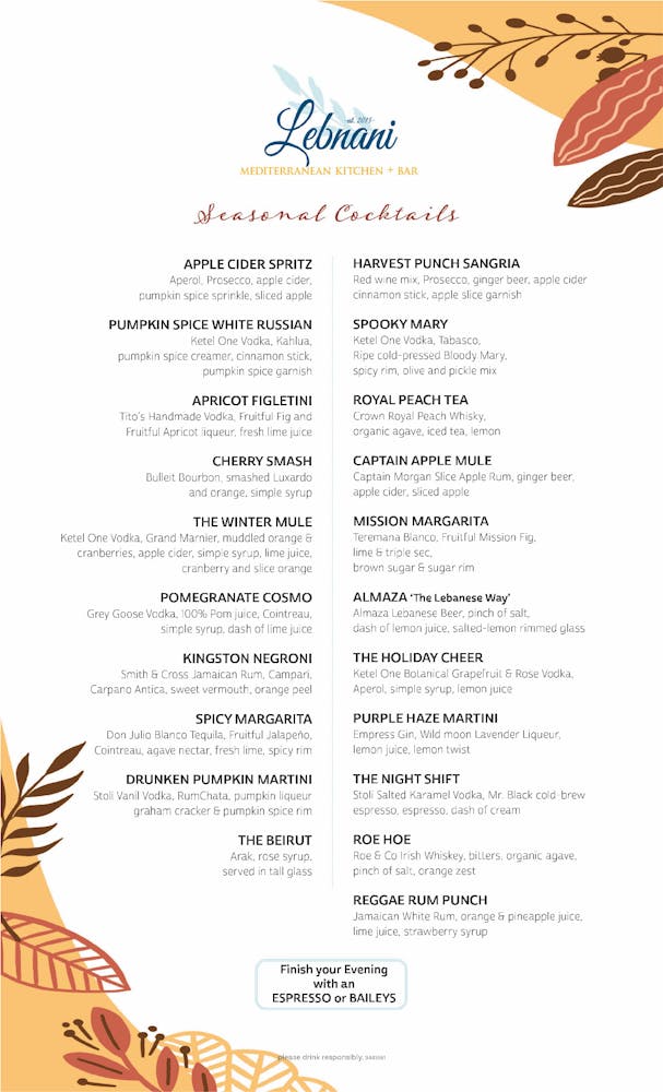 Lebnani Cocktails Menu