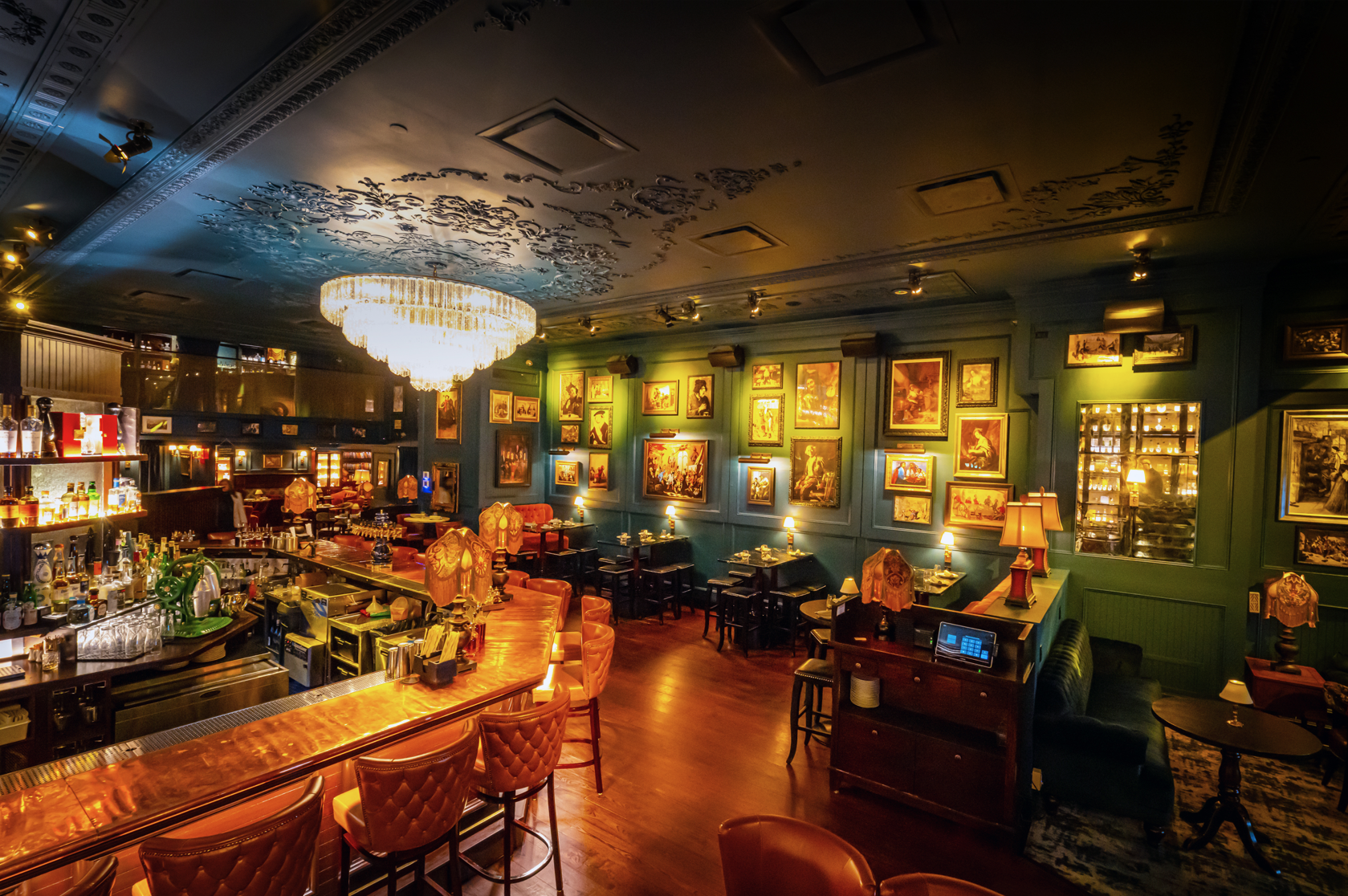 open, lit bar with elegant seating