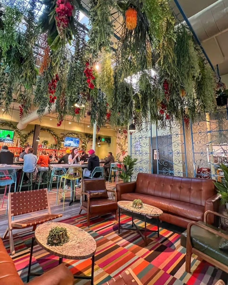 a dining room table in front of a building
