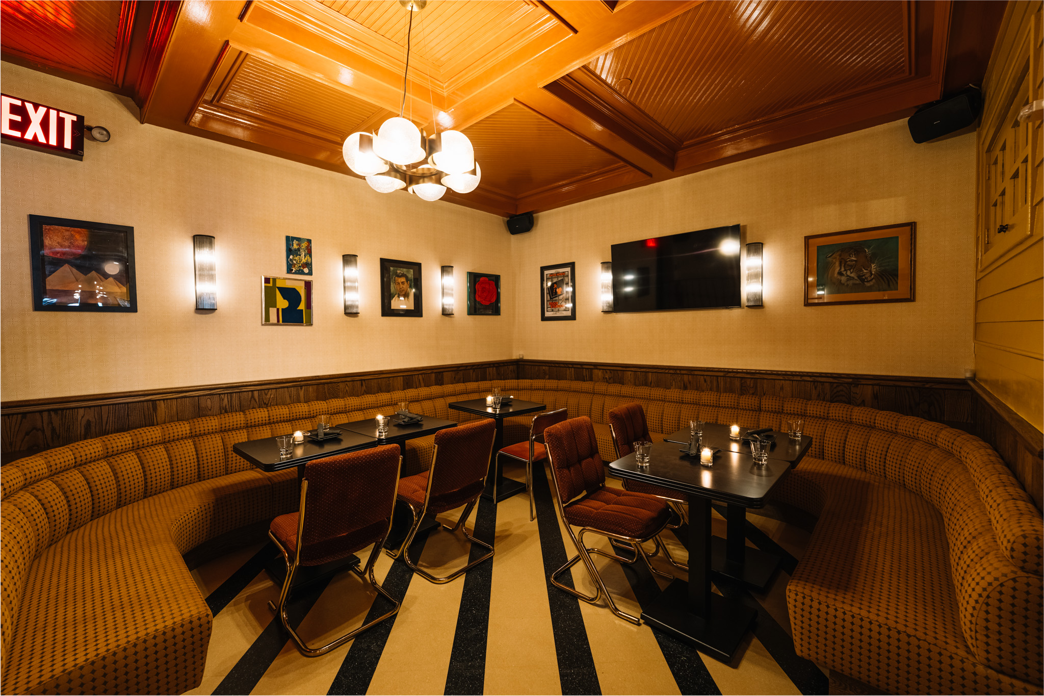a large room with tables and chairs