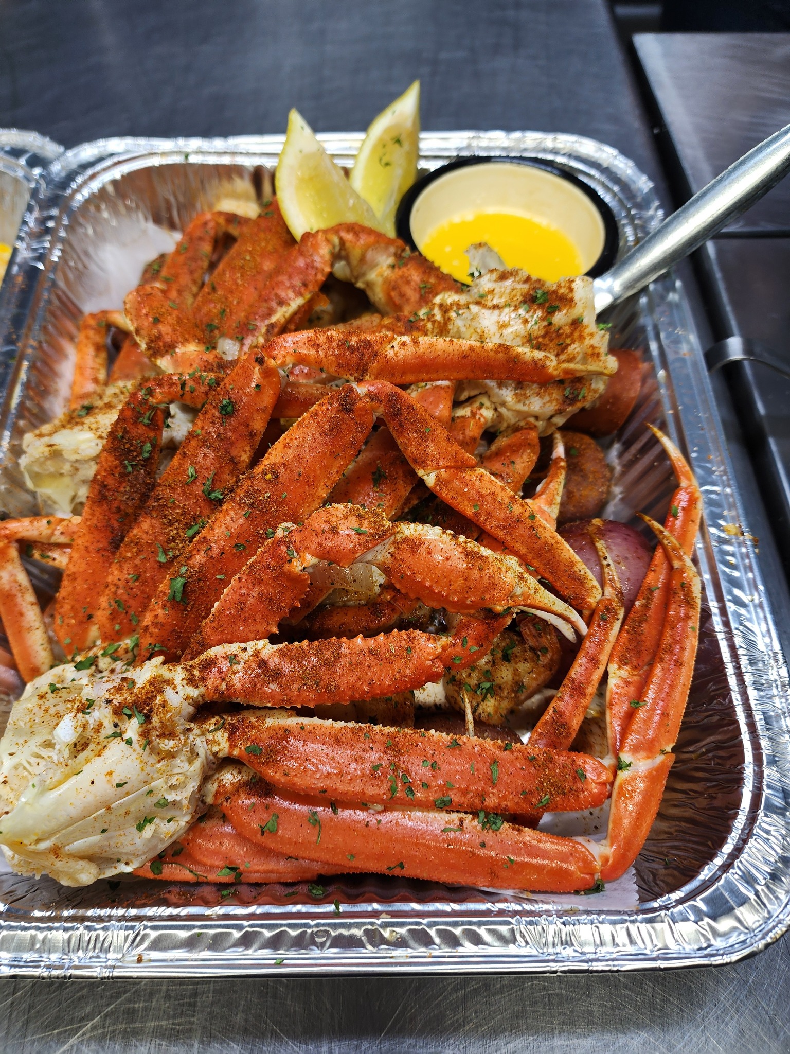 a tray of crab legs
