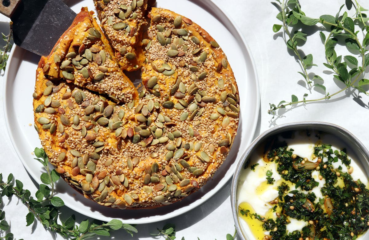sweet potato savory cake with herb  yogurty