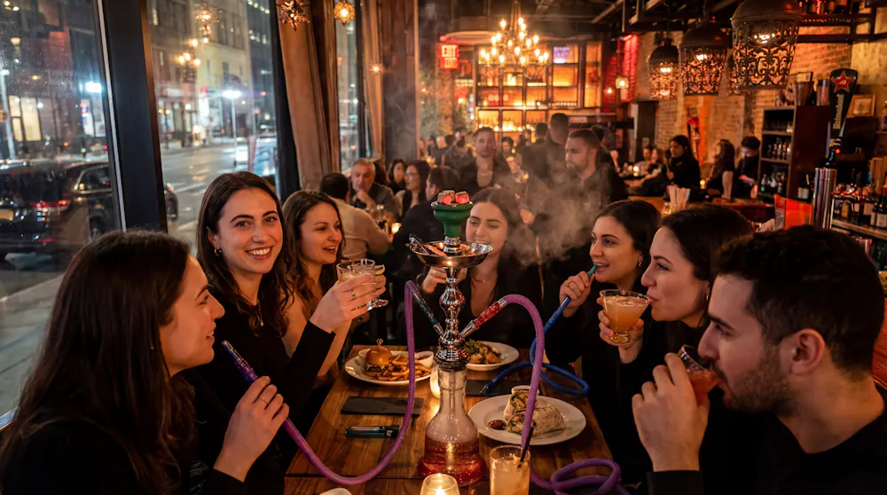 a group of people sitting at a table in a restaurant