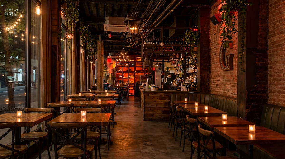 a dining room table in front of a building