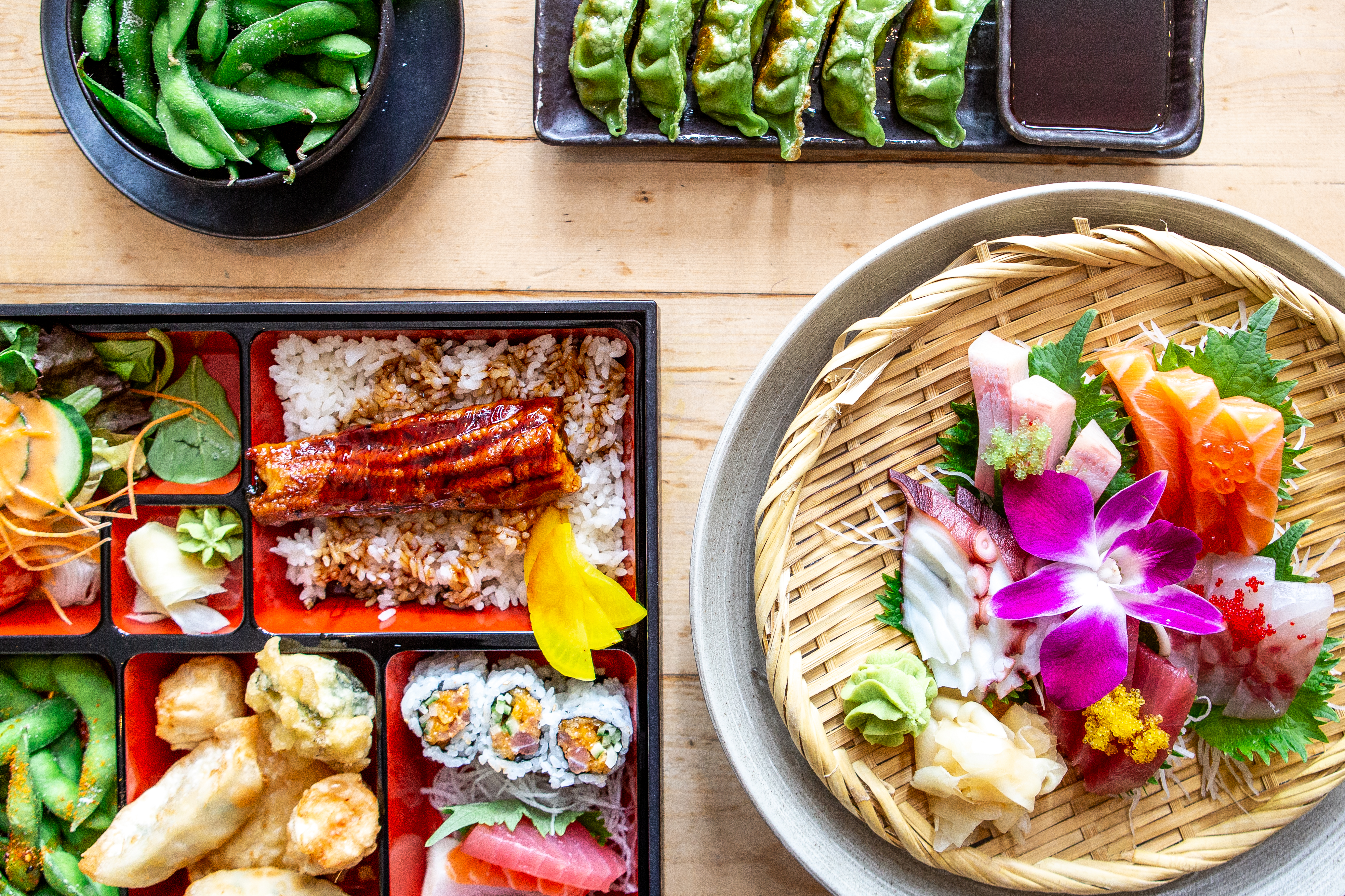 a bunch of different types of food on a table