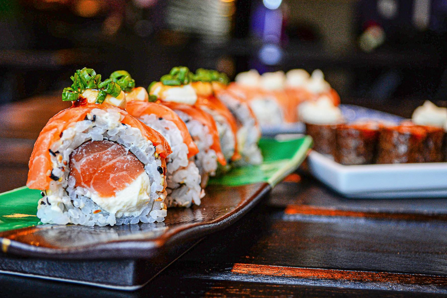 a close up of sushi on a table