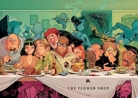 A cartoon of people eating and drinking together