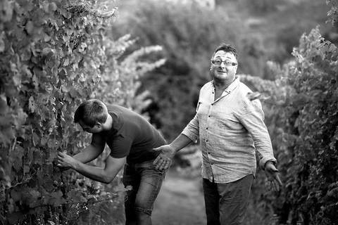 Black and white picture of Marijan and Miha Kehlar of Keltis Winery in Slovenia