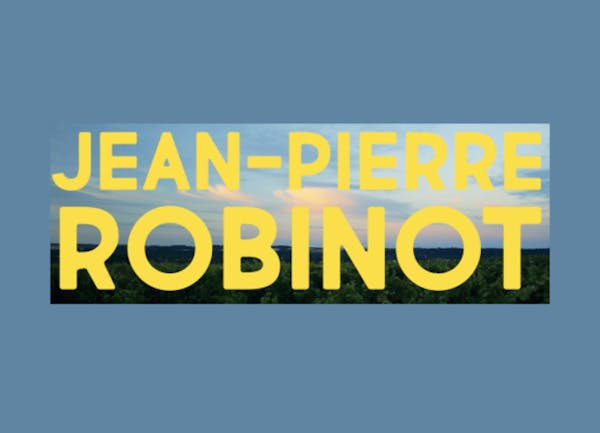 Big and bold yellow text saying Jean Pierre Robinot with a background of a grass scenery