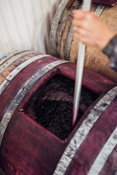 Man opening red wine barrel