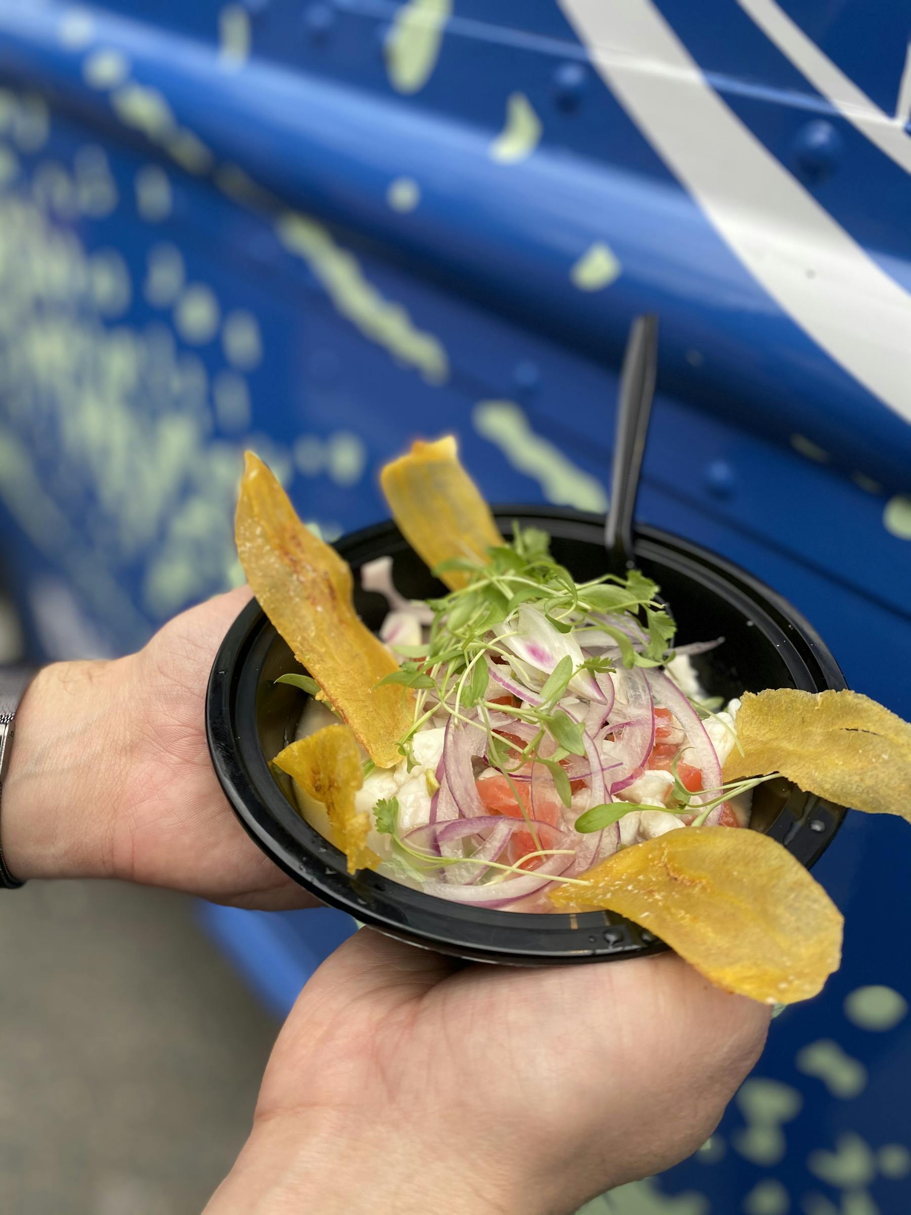 a hand holding a blue plate
