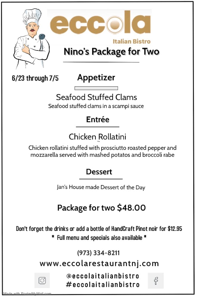 Menus Eccola restaurant in Parsippany, NJ