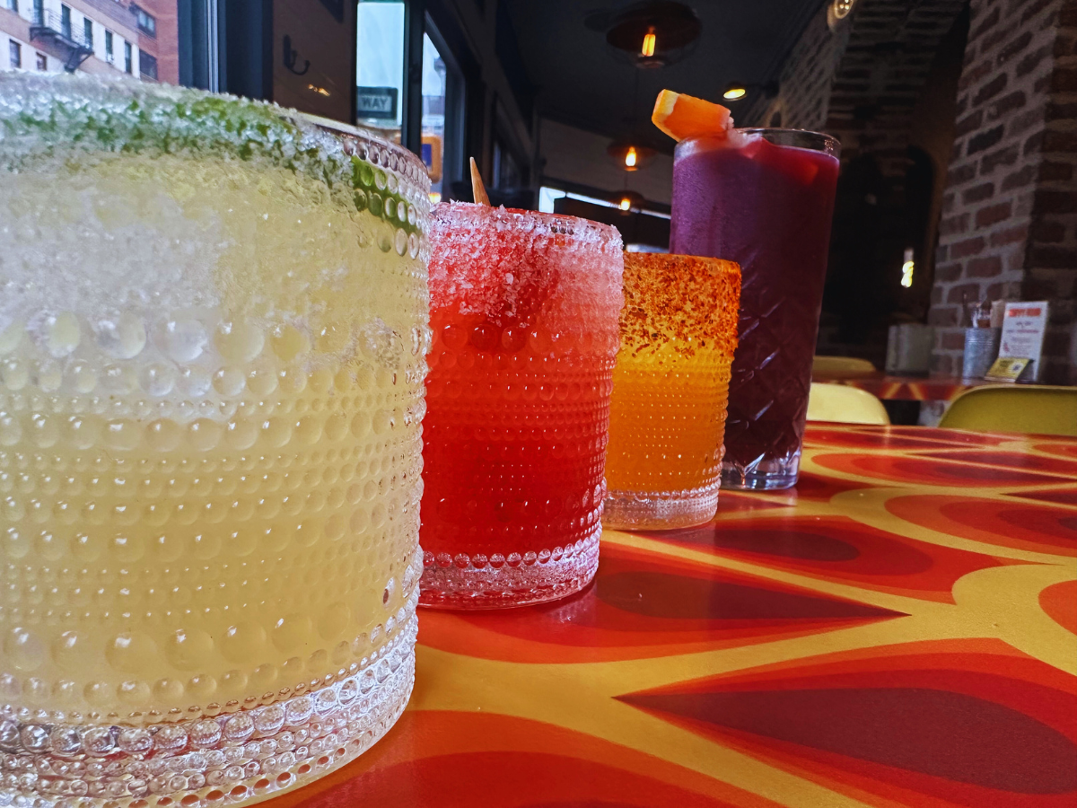 a row of glasses on a table