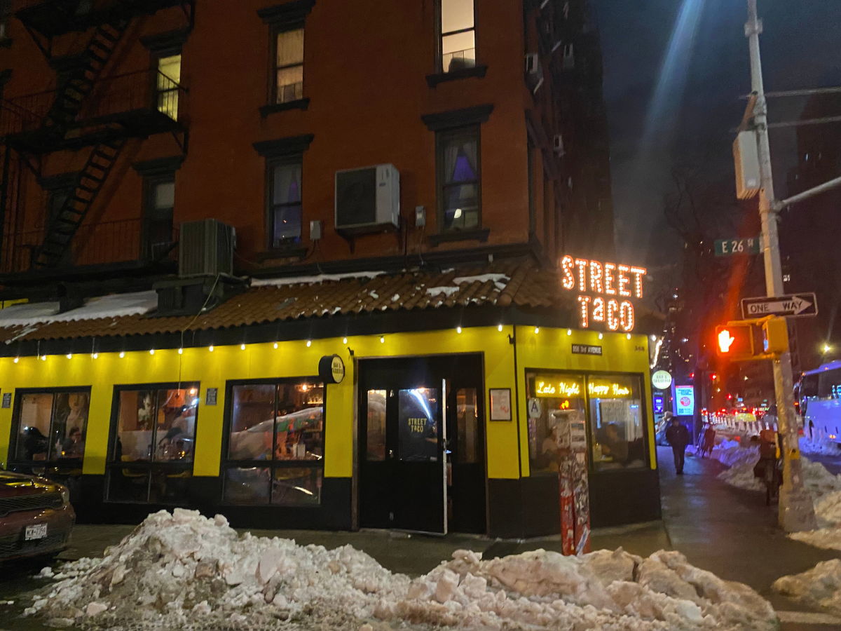 outside or restaurant with snow covered pavement