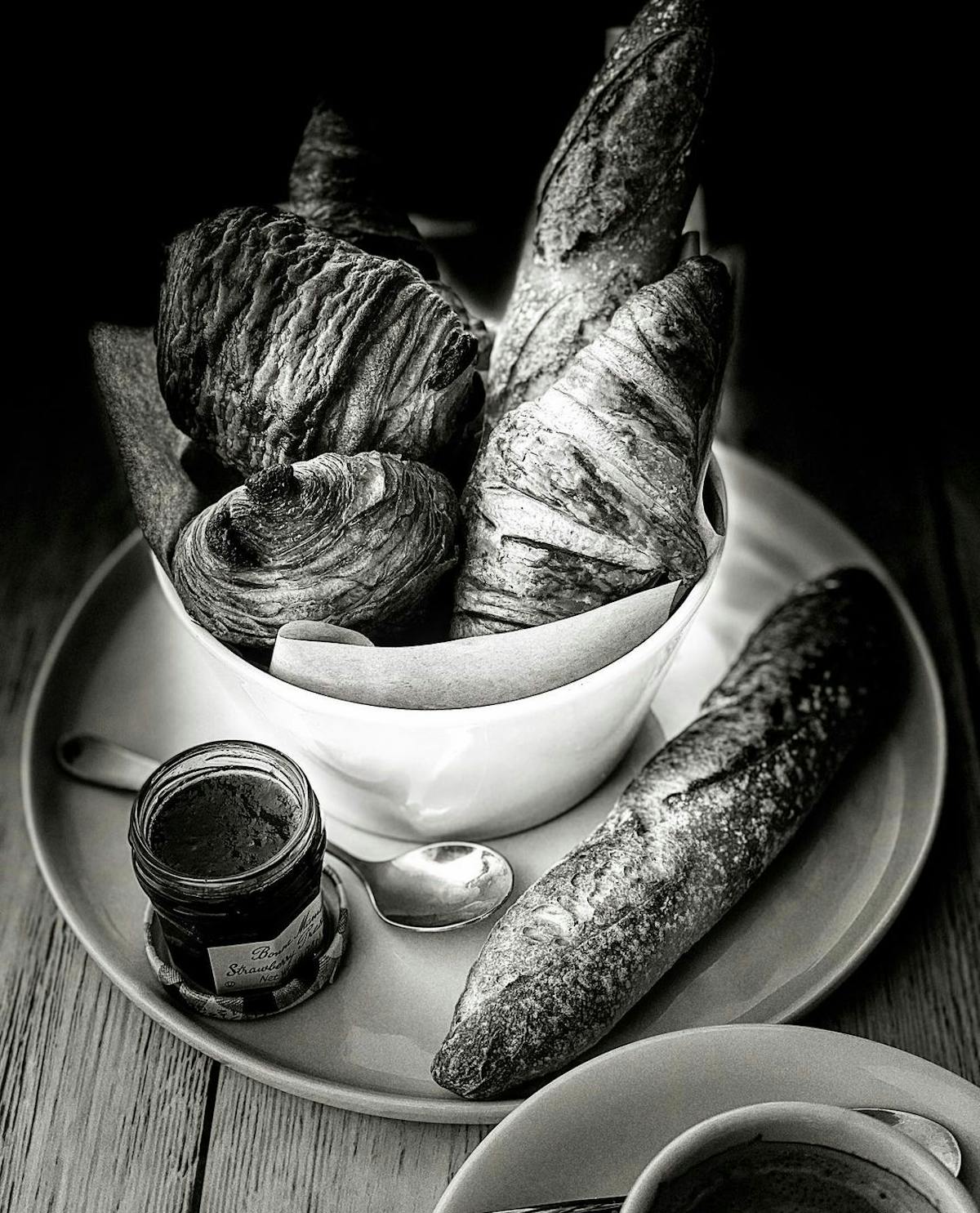 black and white photo of baguettes