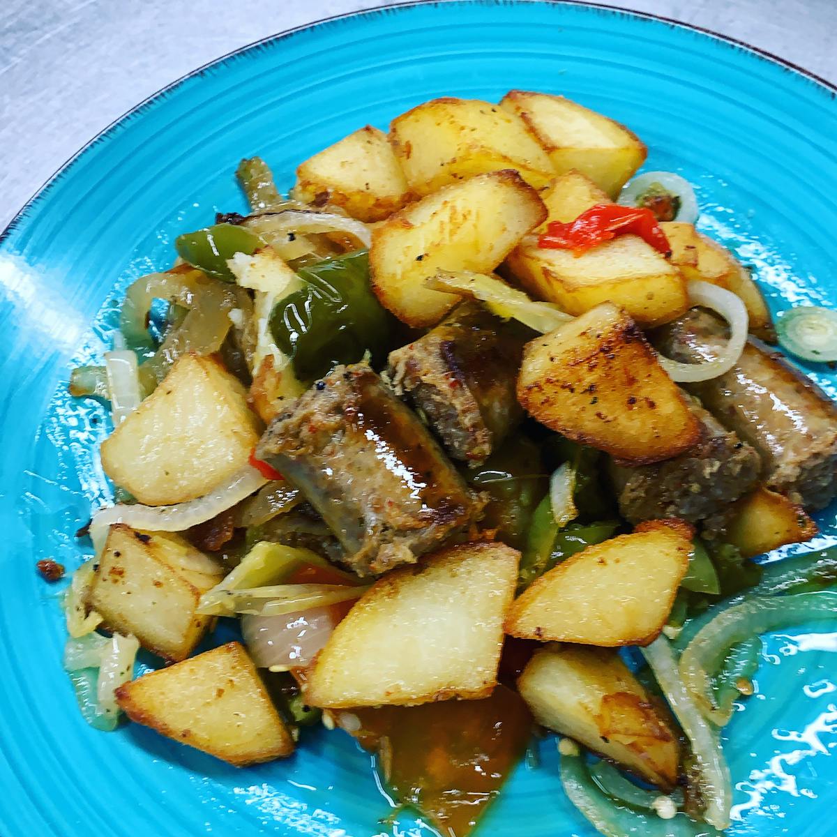food on a blue plate