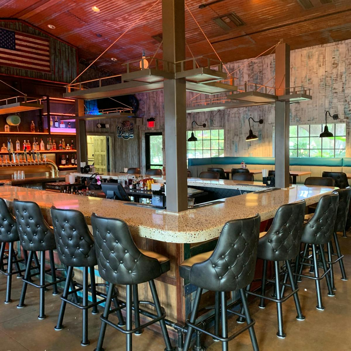 a dining room table in front of a building