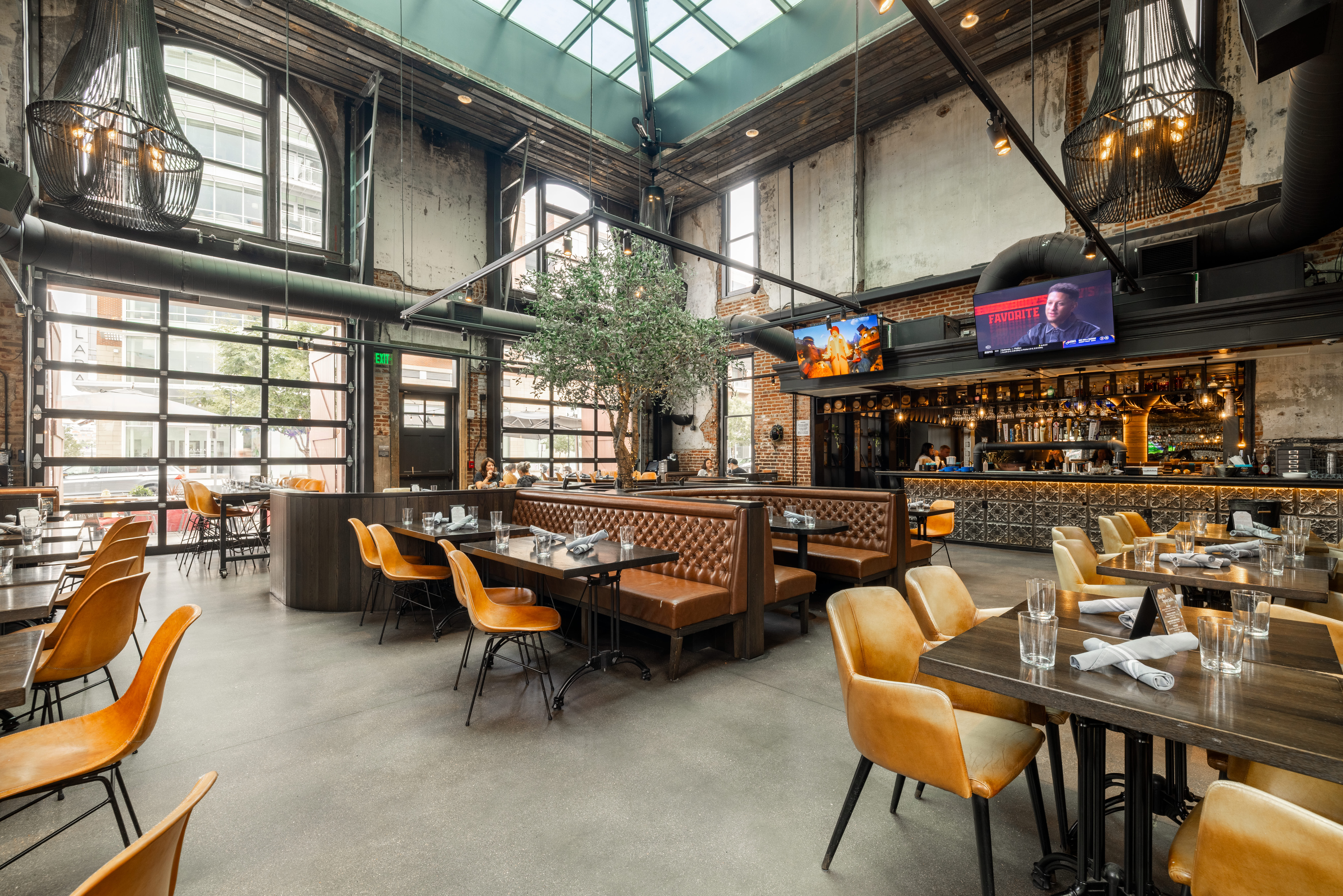a dining room table in front of a building