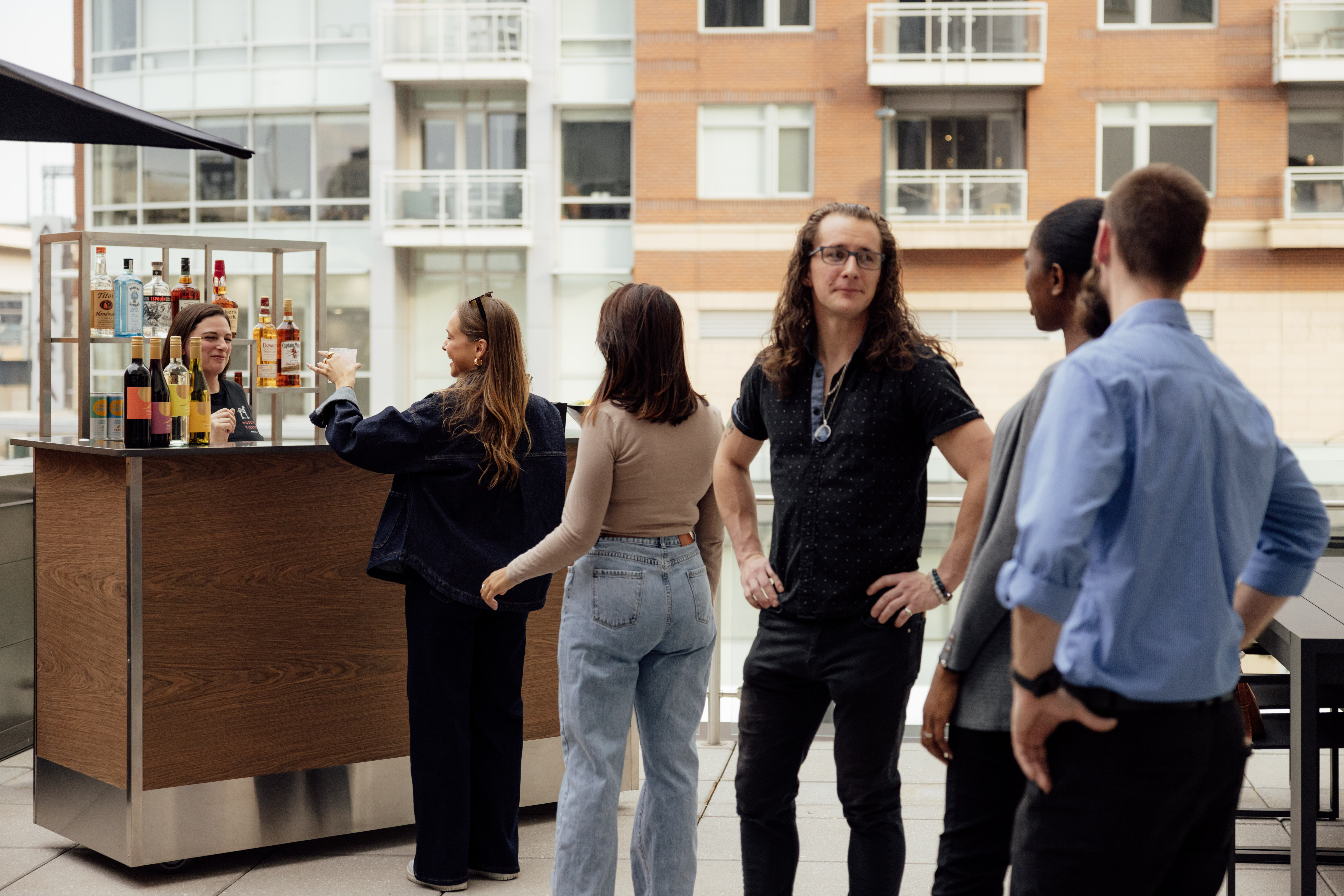a group of people standing in front of a building
