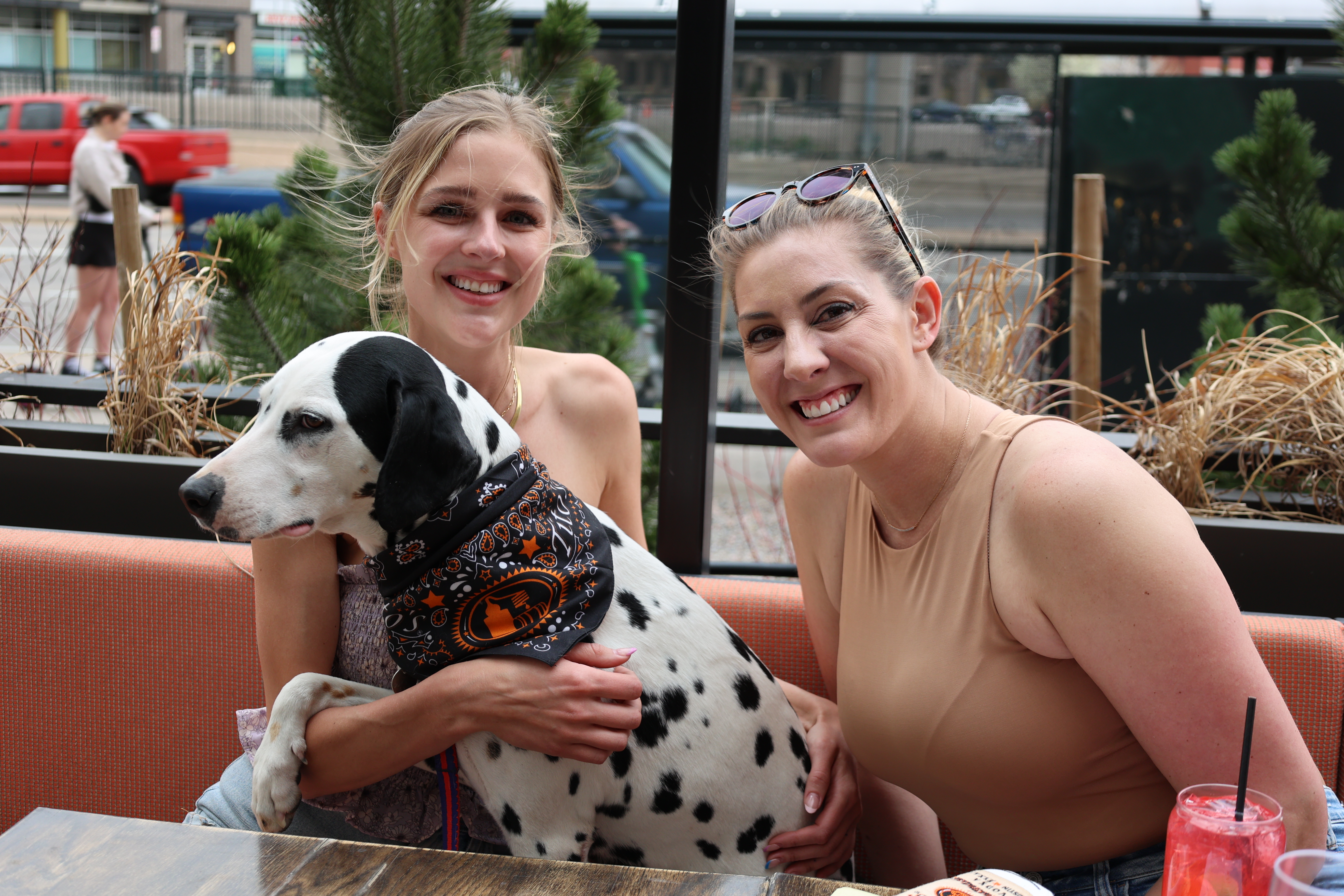 a person and a dog sitting on the patio