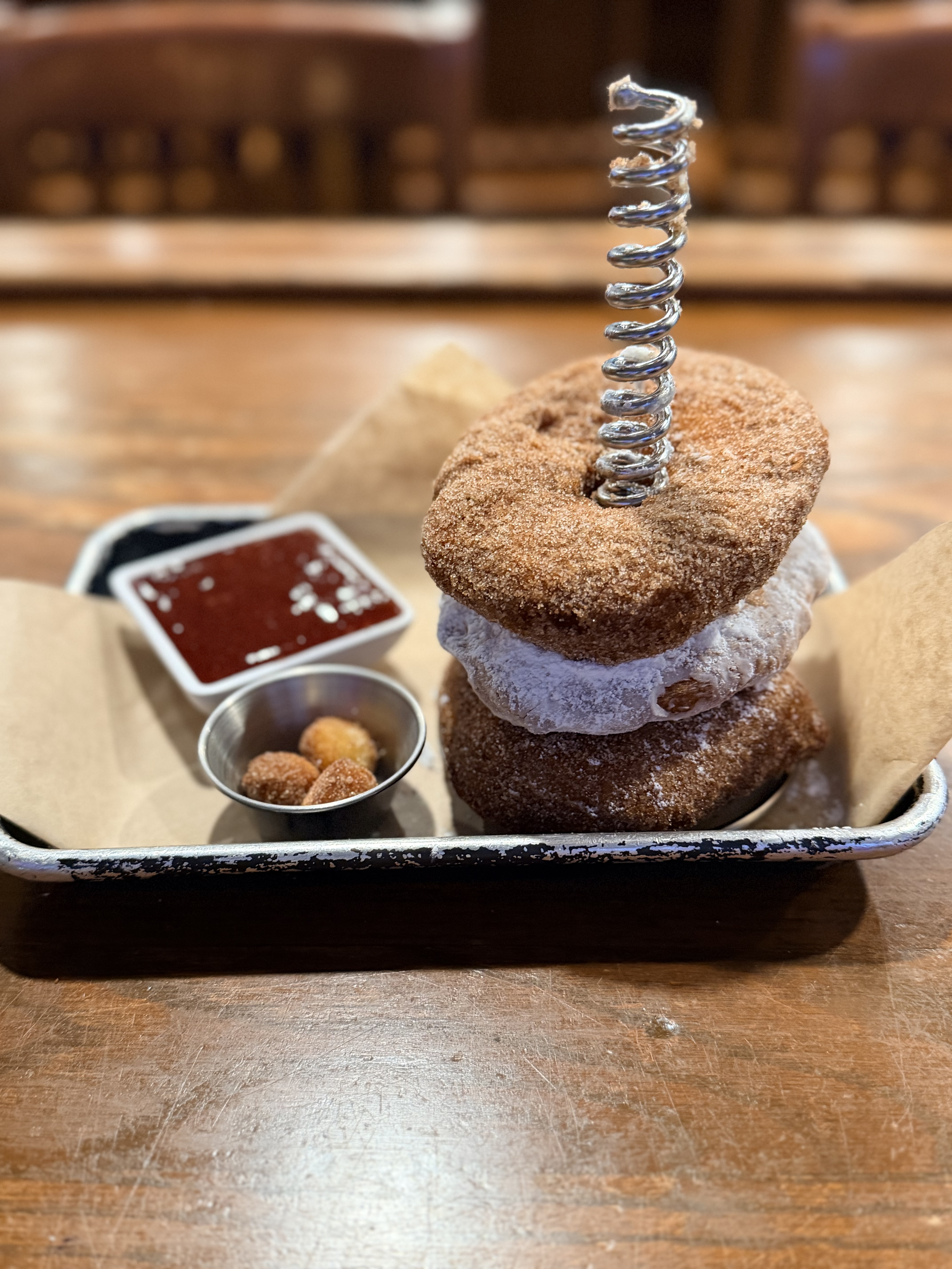 a piece of cake sitting on top of a wooden table