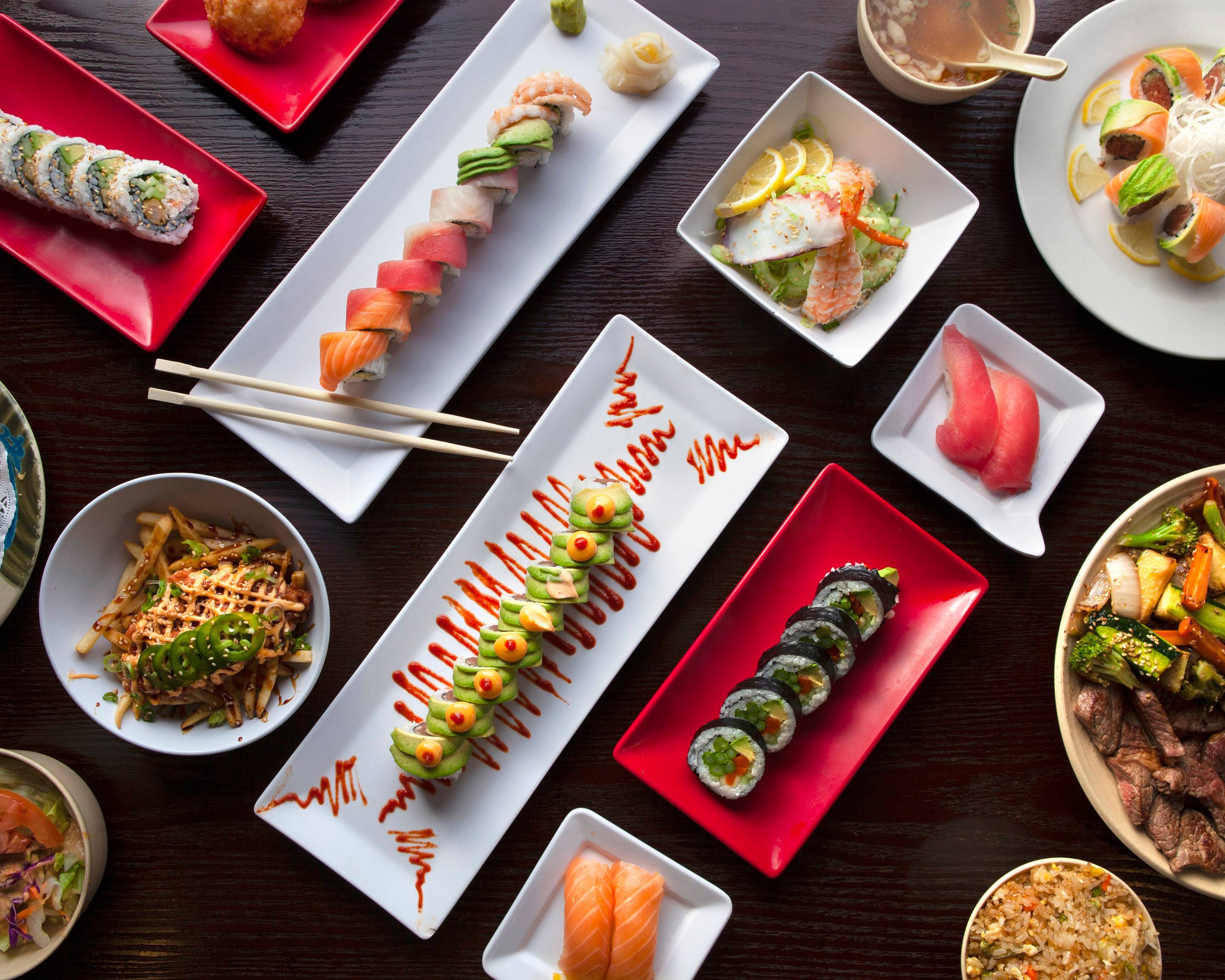 a dish is filled with different types of food on a table