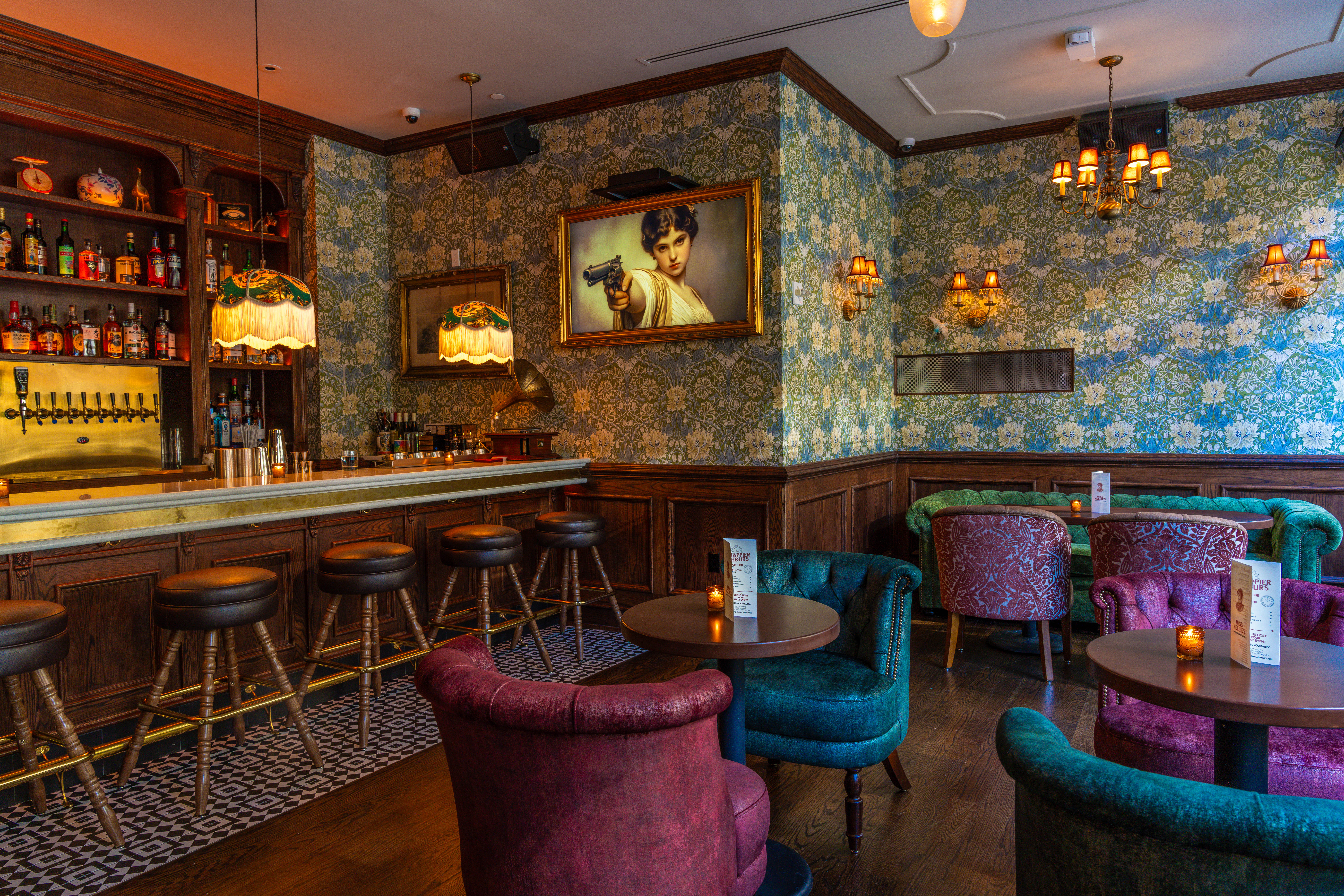 a room filled with furniture and a fireplace