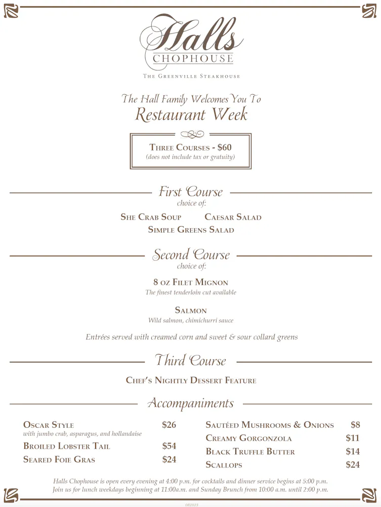 Strachan Hall Menu Greenville Menus | Halls Chophouse in SC