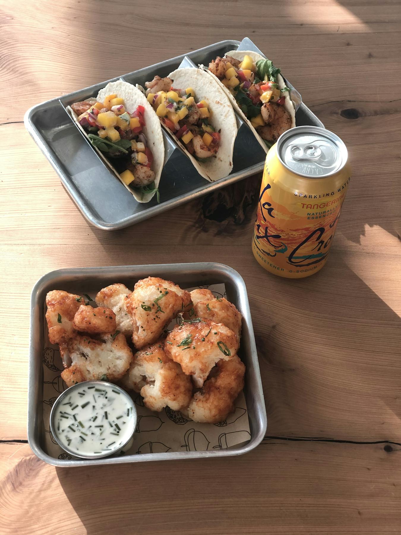 3 tacos and cauliflower wings