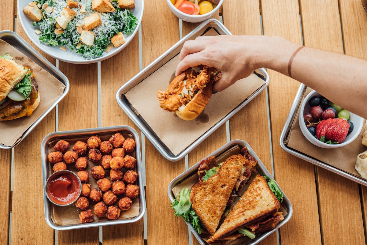 a box filled with different types of food on a table
