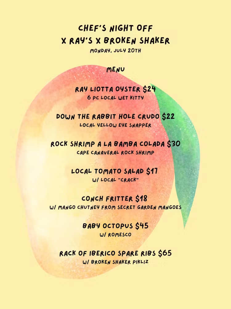 A menu for Chef's Night Off featuring main courses.