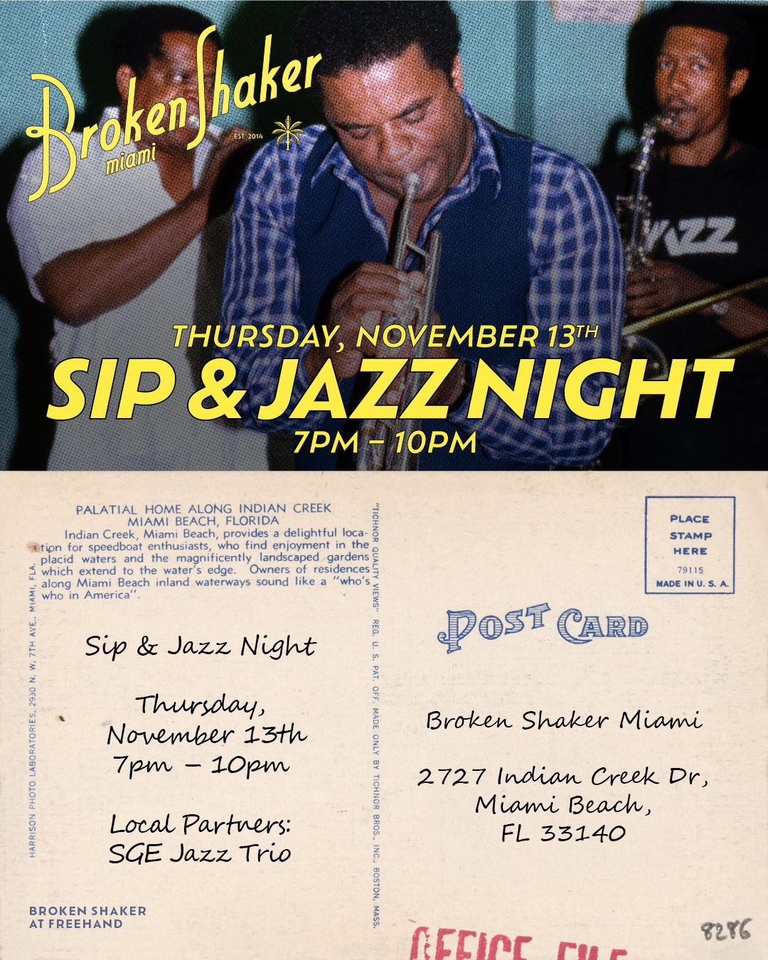 graphic showing a man playing the trumpet: sip & jazz night at Broken Shaker, Thursday 11/17 from 7 - 10pm