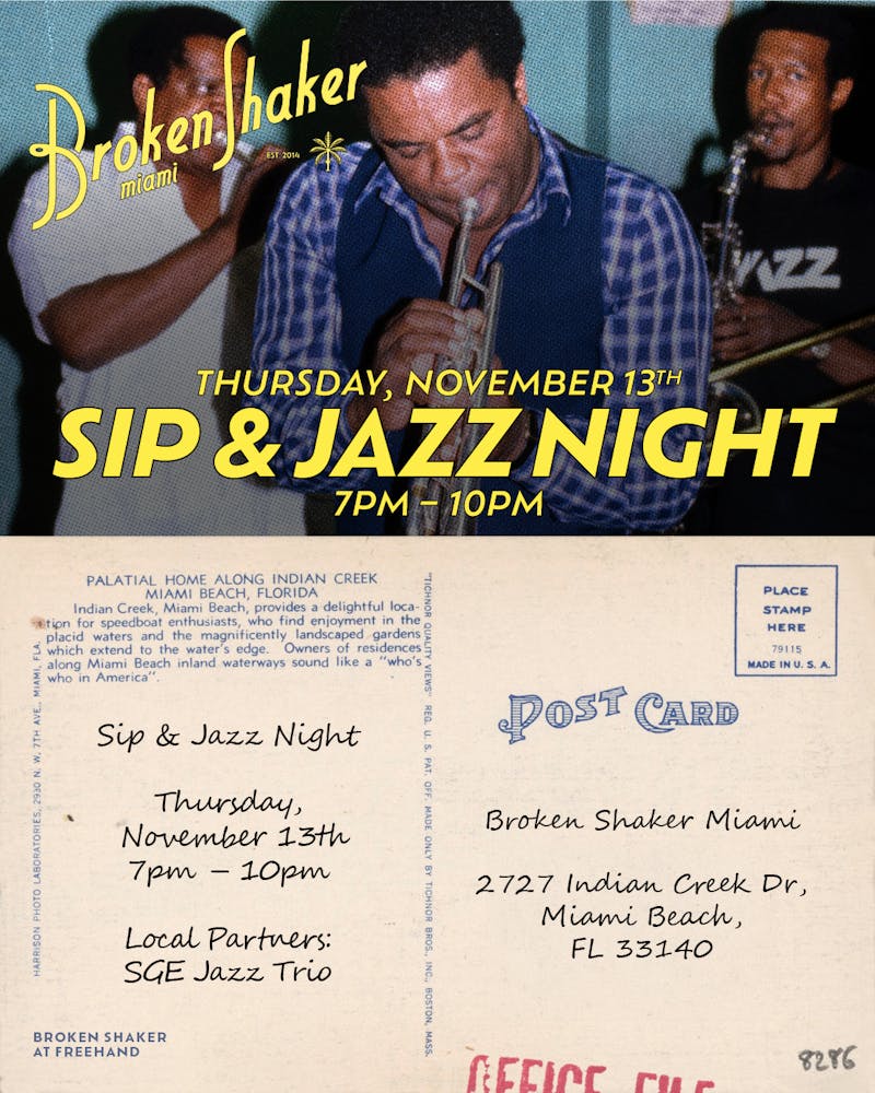 graphic showing a man playing the trumpet: sip & jazz night at Broken Shaker, Thursday 11/17 from 7 - 10pm
