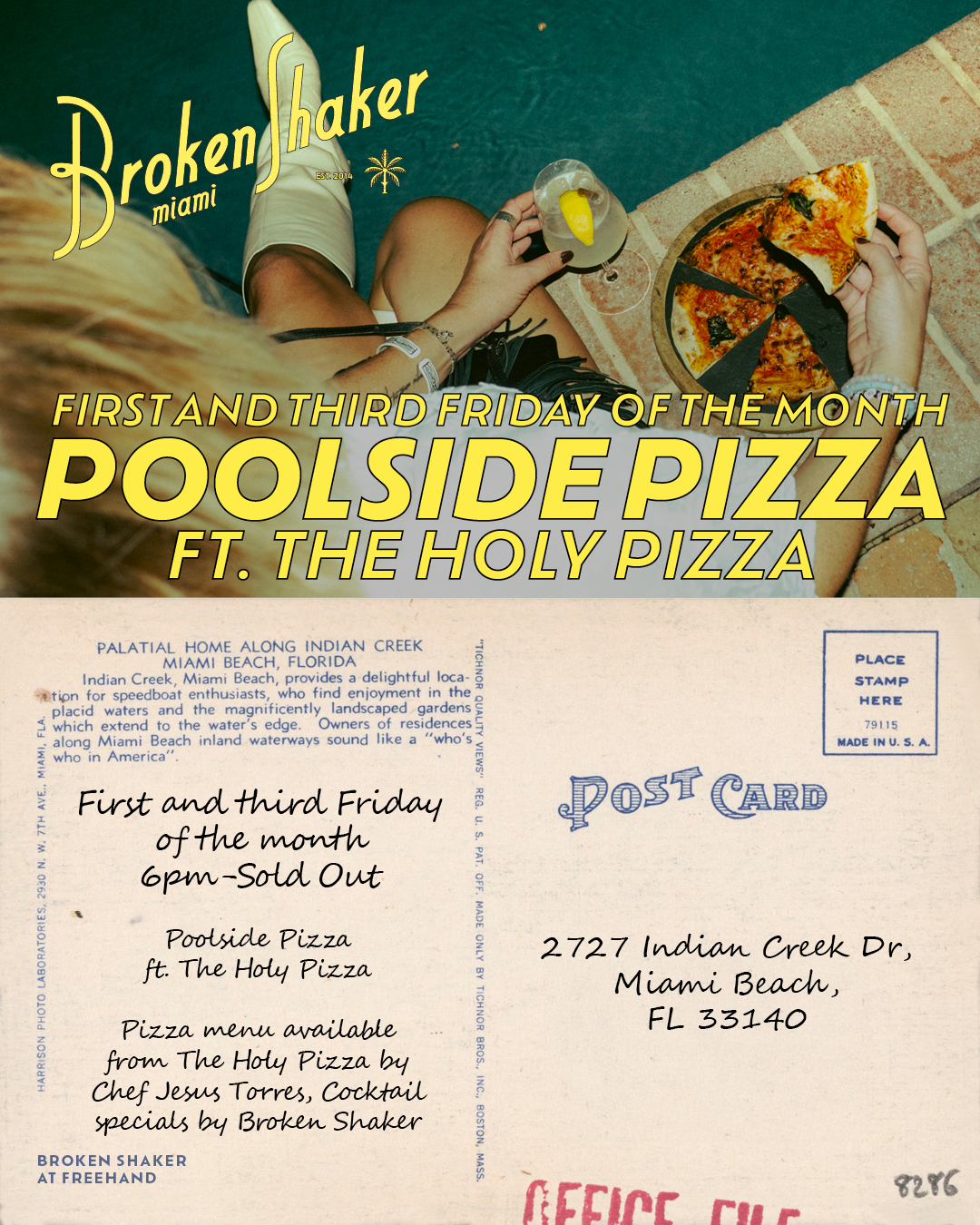 a woman sitting at the edge of the pool eating pizza - Holy Pizza pop up every first and third Friday of the month at Broken Shaker