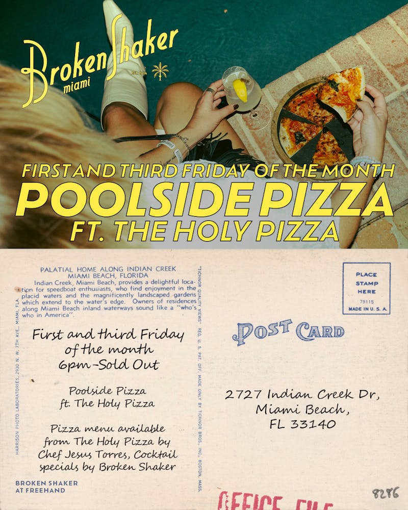 a woman sitting at the edge of the pool eating pizza - Holy Pizza pop up every first and third Friday of the month at Broken Shaker