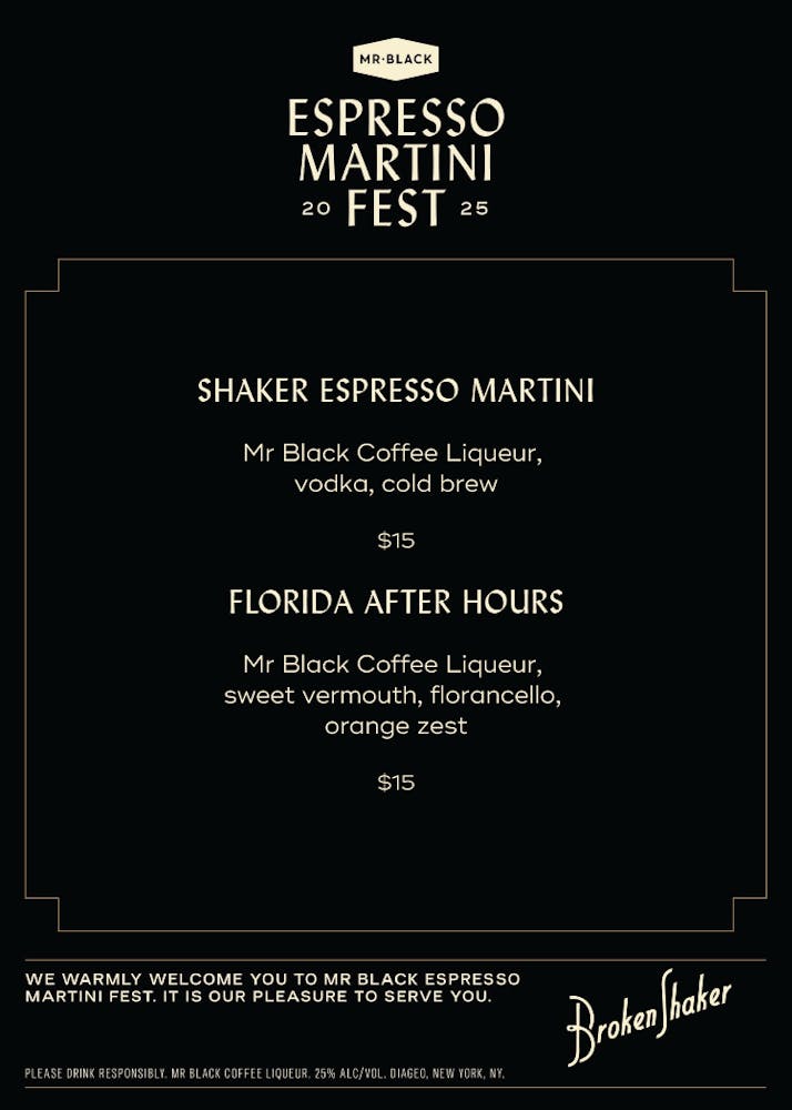 menu showing the drinks available for espresso martini week: the Shaker Espresso Martini and the Florida After Hours