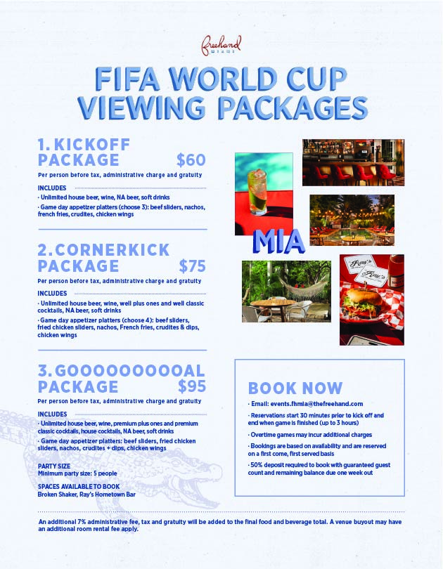 A flyer featuring curated F&B viewing packages that can be booked while streaming the FIFA World Cup at the Freehand hotel.