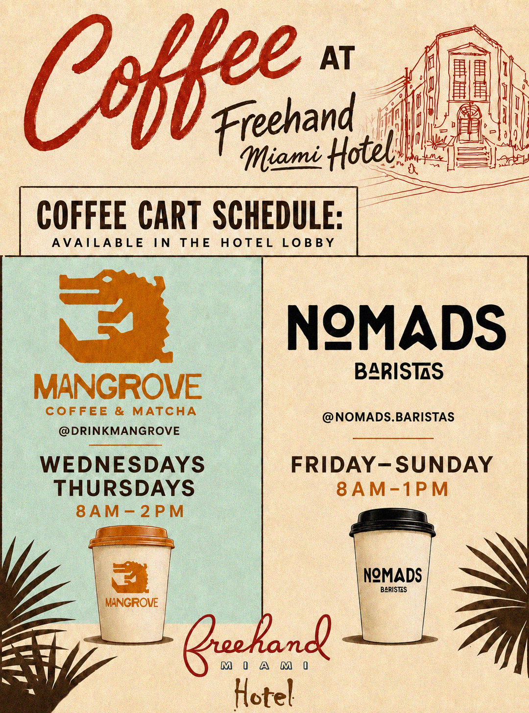 A flyer showing the Nomads Baristas and Mangrove Coffee schedule at the Freehand Miami Hotel lobby