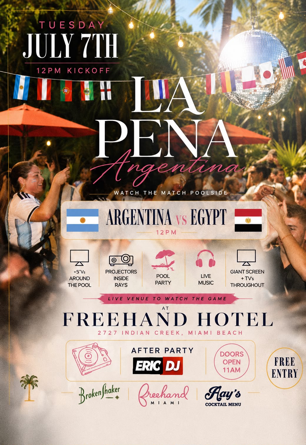 A flyer showcasing La Pena Argentina match at Freehand Hotel
