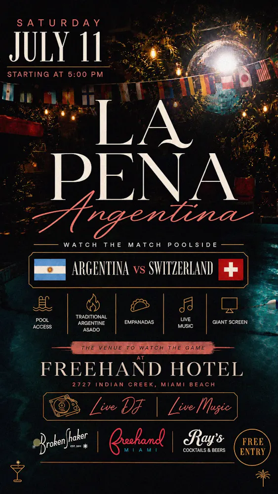 A flyer showing La Pena Argentina event on July 11 to show the Argentina vs. Switzerland match