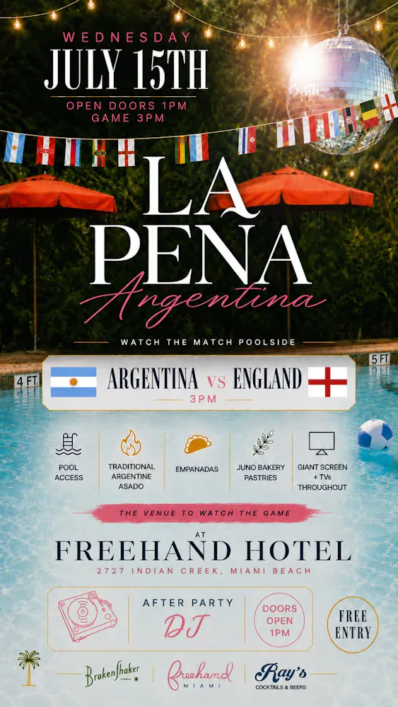 A flyer showing the Argentina vs. England match on July 15 at Freehand hotel