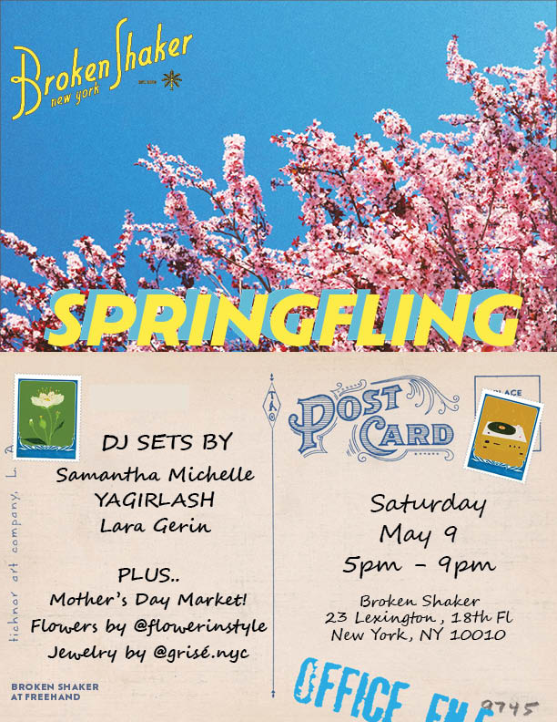 a flyer announcing an event called Spring Fling, featuring three DJs, a florist and a jewelry maker. It takes place Saturday, May 9 from 5 - 9pm