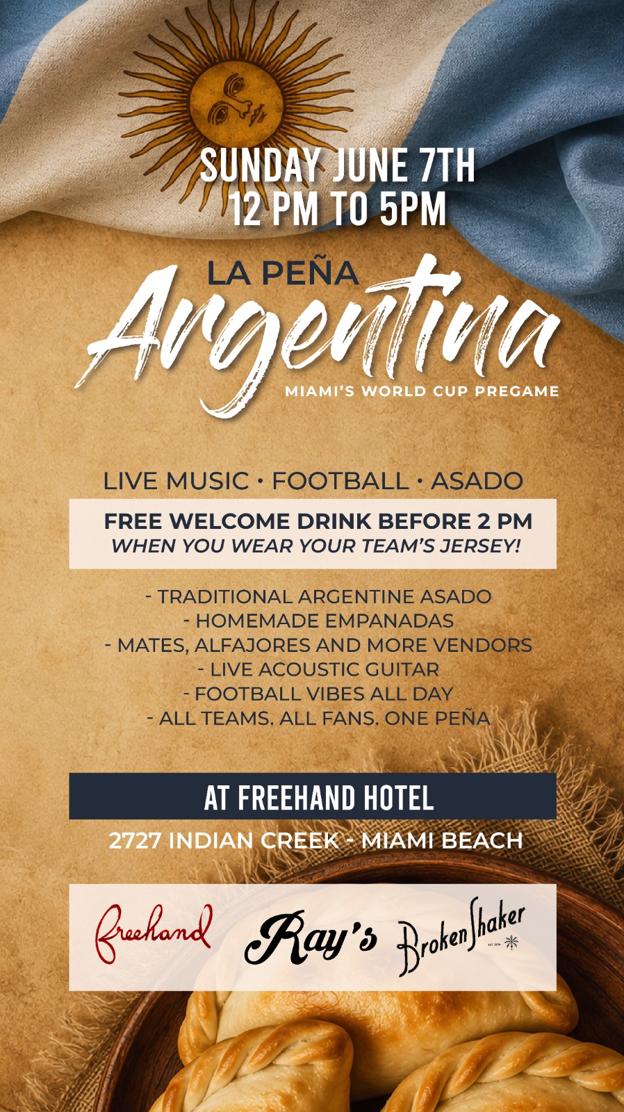 A flyer showing La Peña Argentina  Sunday, June 7th 12-5PM at Broken Shaker and Ray's bar on 2727 Indian Creek with an Argentinian asado and live music.