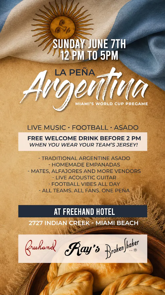 A flyer showing La Peña Argentina Sunday, June 7th 12-5PM at Broken Shaker and Ray's bar on 2727 Indian Creek with an Argentinian asado and live music.