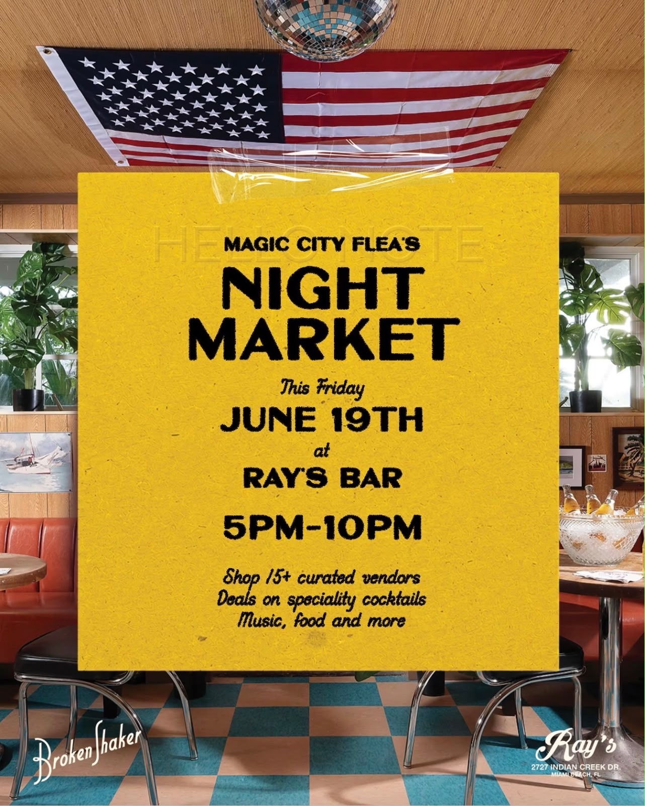 A flyer showing the Magic City Flea's Night Market at Broken Shaker
