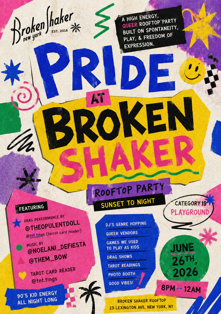 Pride at Broken Shaker Rooftop Party Sunset to Night 8PM - 12AM Featuring Drag by @theopulentdoll & Tarot by @tnt.tings Music by @noelani_defiesta & @them_bow DJ Genre Hopping, Queer Vendors, Games we used to play as kids, drag shows, tarot readings, photo booth, and good vibes!