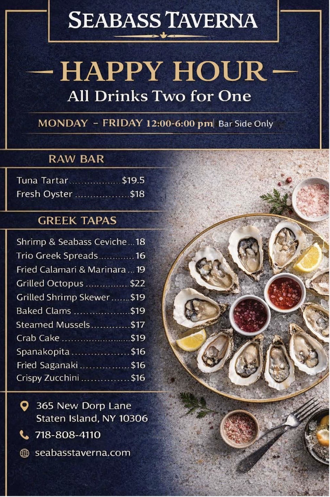 a menu with a plate of oysters and a fork