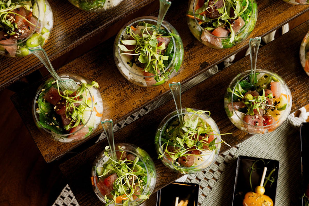 Table with plates of salads