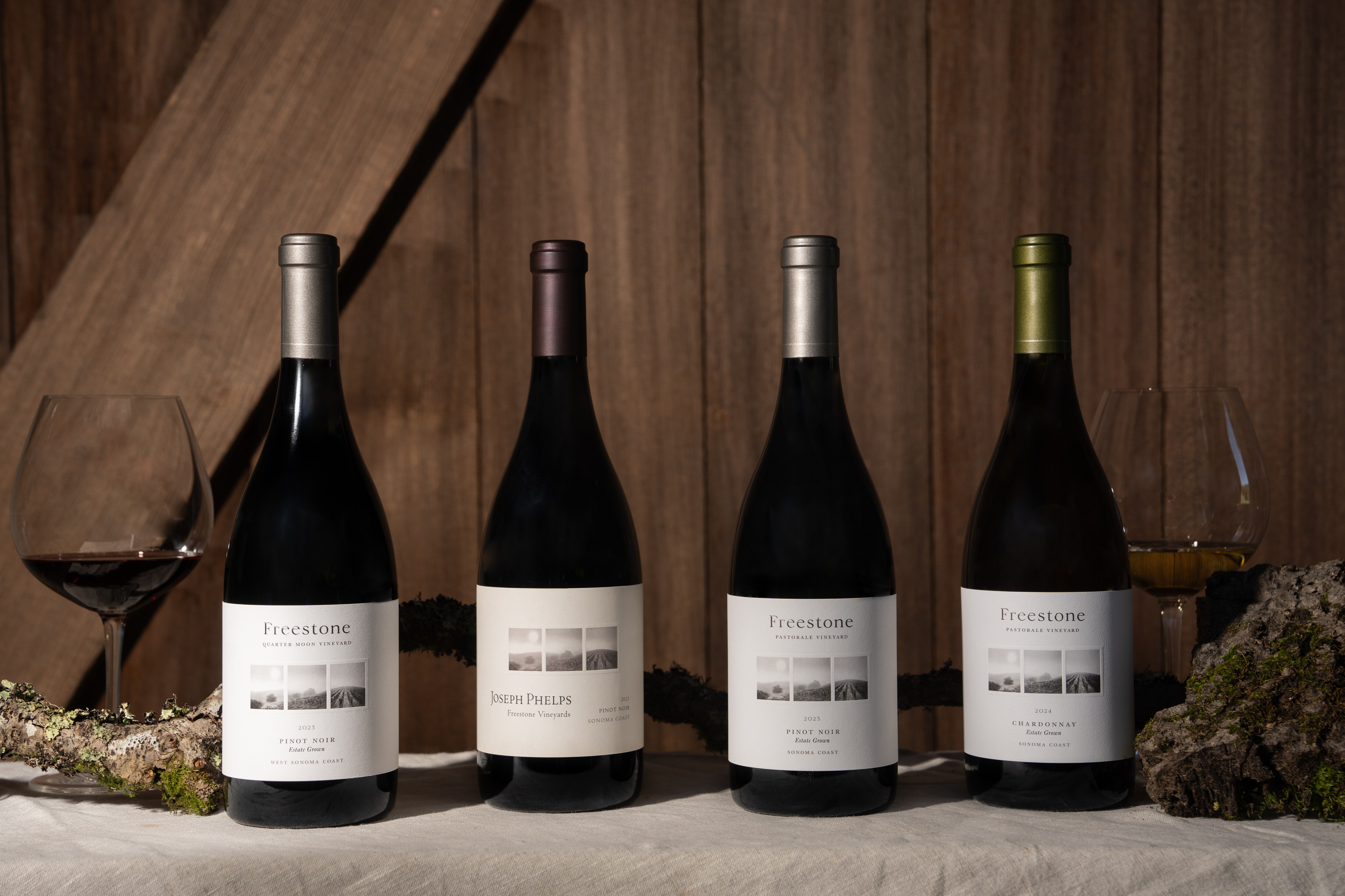 four bottles of joseph phelps freestone label wine