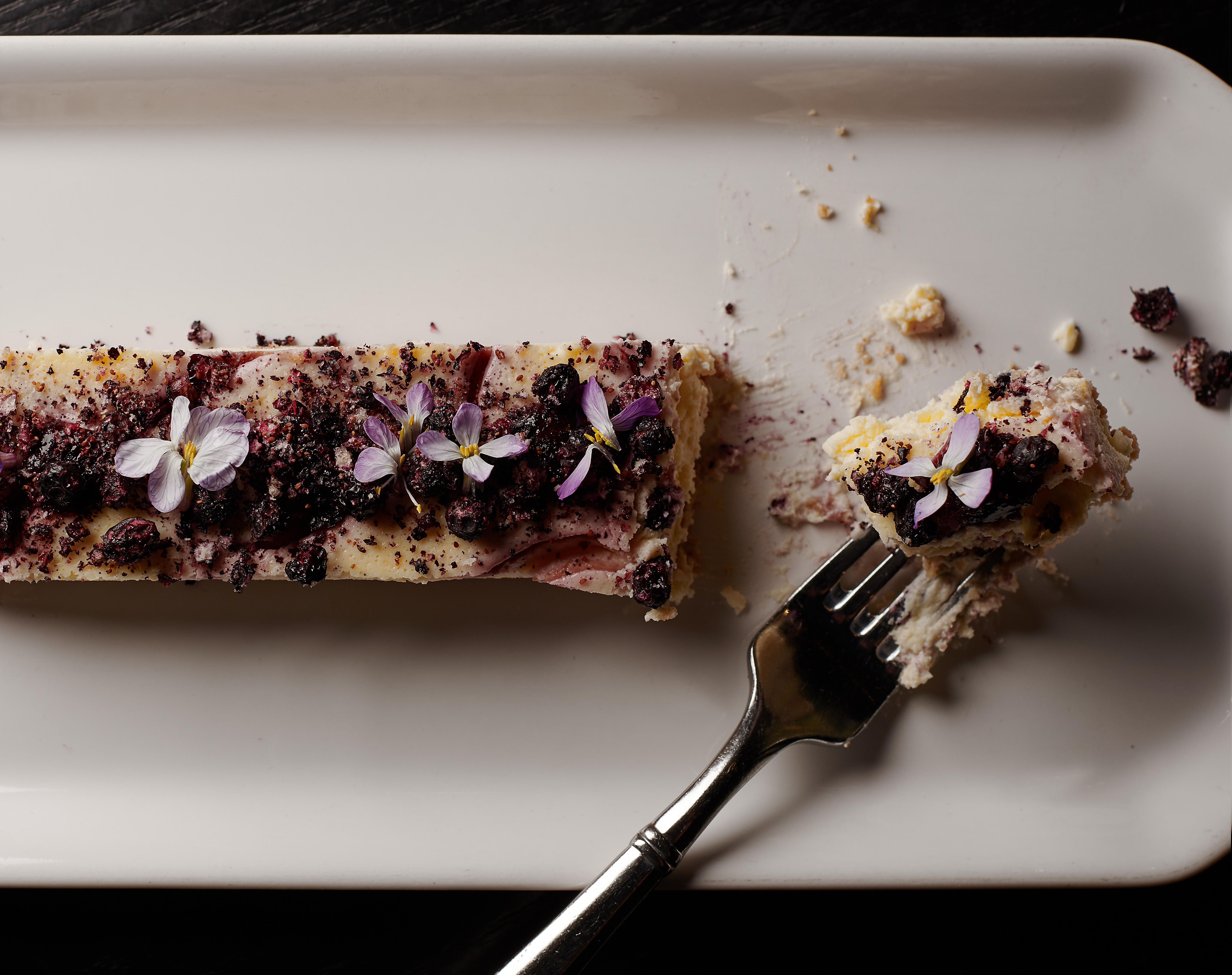a piece of cake on a plate with a fork and knife